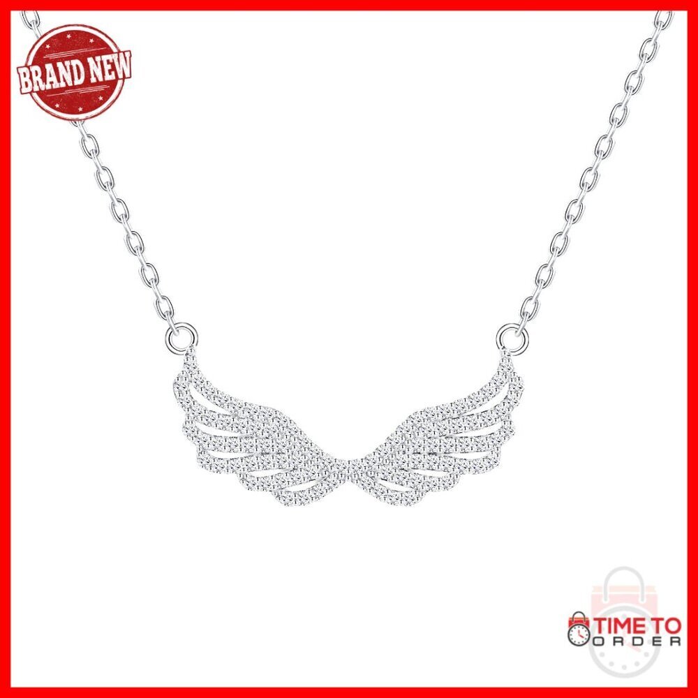 Sterling Silver Moissanite Angel Wings Pendant Necklace 45cm